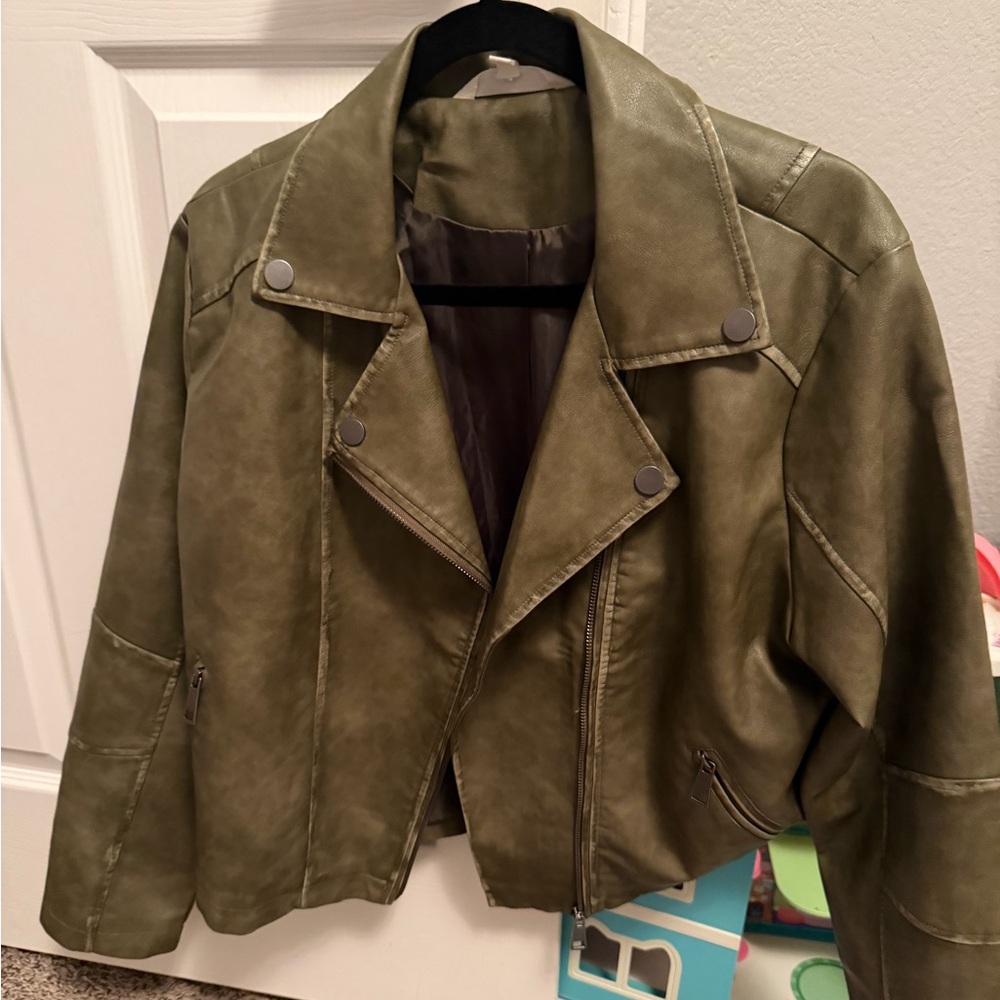 Olive Green Women's faux leather moto jacket Large Indigo Thread co